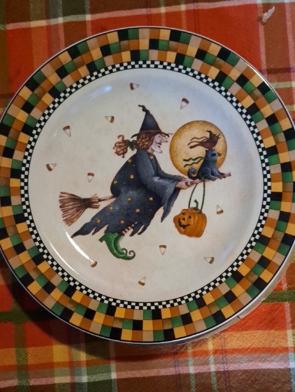 Vintage 1990s Debbie Mumm Halloween Orange Plaid Cat Salad Plates - Set of 4 - Picture 5 of 6